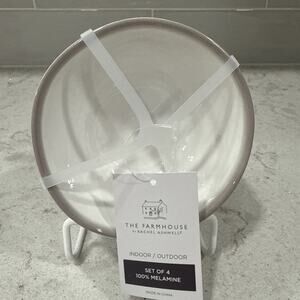 Set 4 Melamine 4” DIP Small Bowls Farmhouse Ashwell WHITE GRAY / TAUPE RIM - New